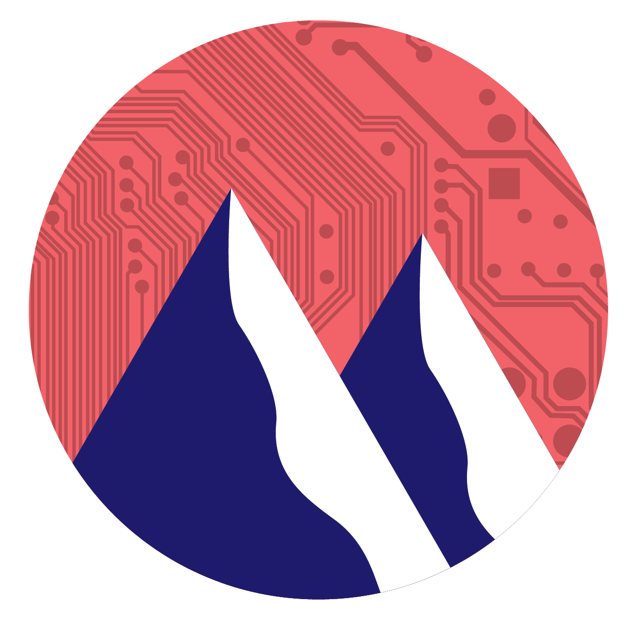 Coral and Navy Blue icon/illustration of a pair of mountains in a circle with a circuit bored background.
