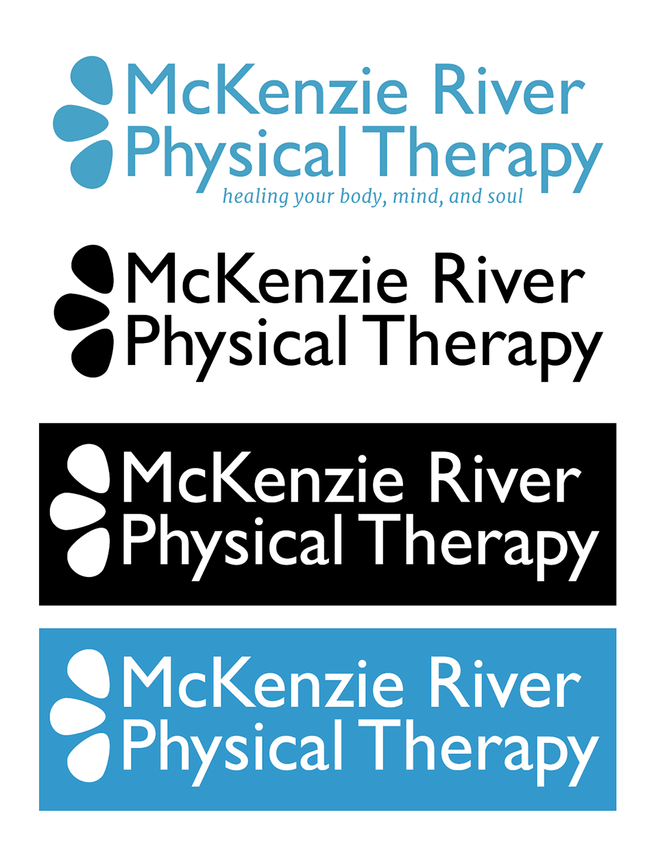 A logo design for Mckenzie River Physical Therapy in the company blue, in black, and in white.