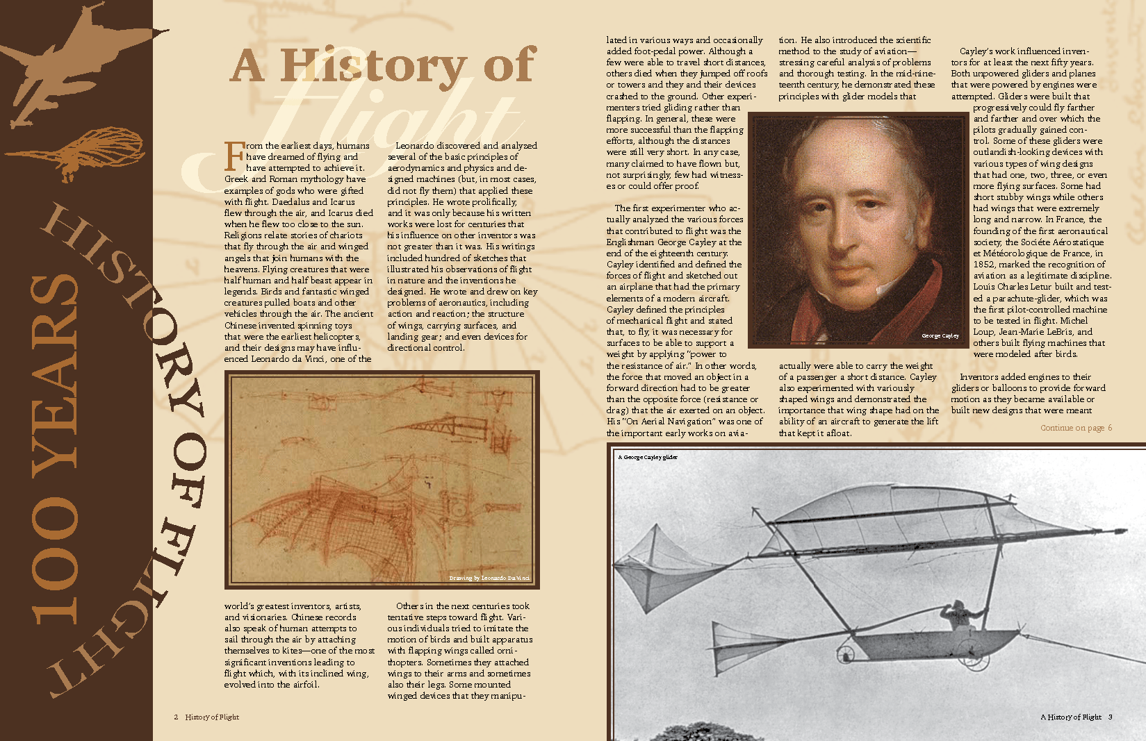The first spread of a redesigned booklet about the history of flight.