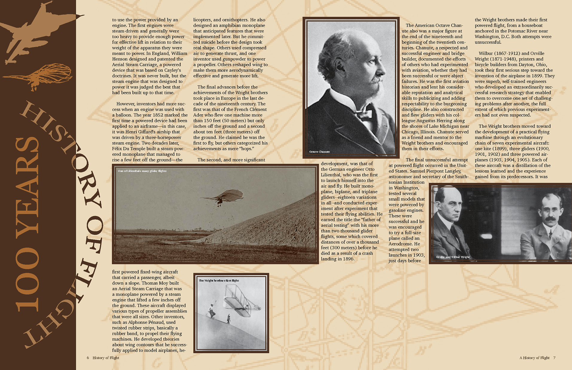 The third spread of a redesigned booklet about the history of flight.