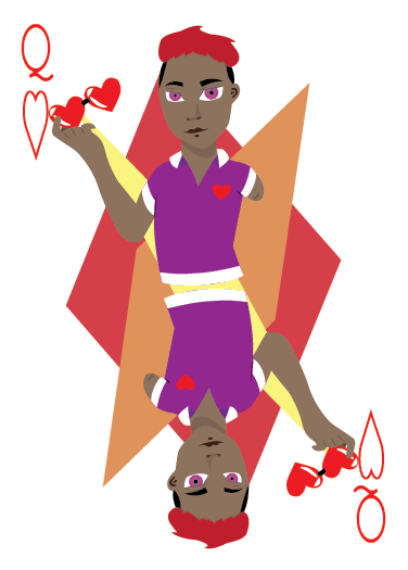 Illustration of man with amputated arm on Queen of Hearts playing card.