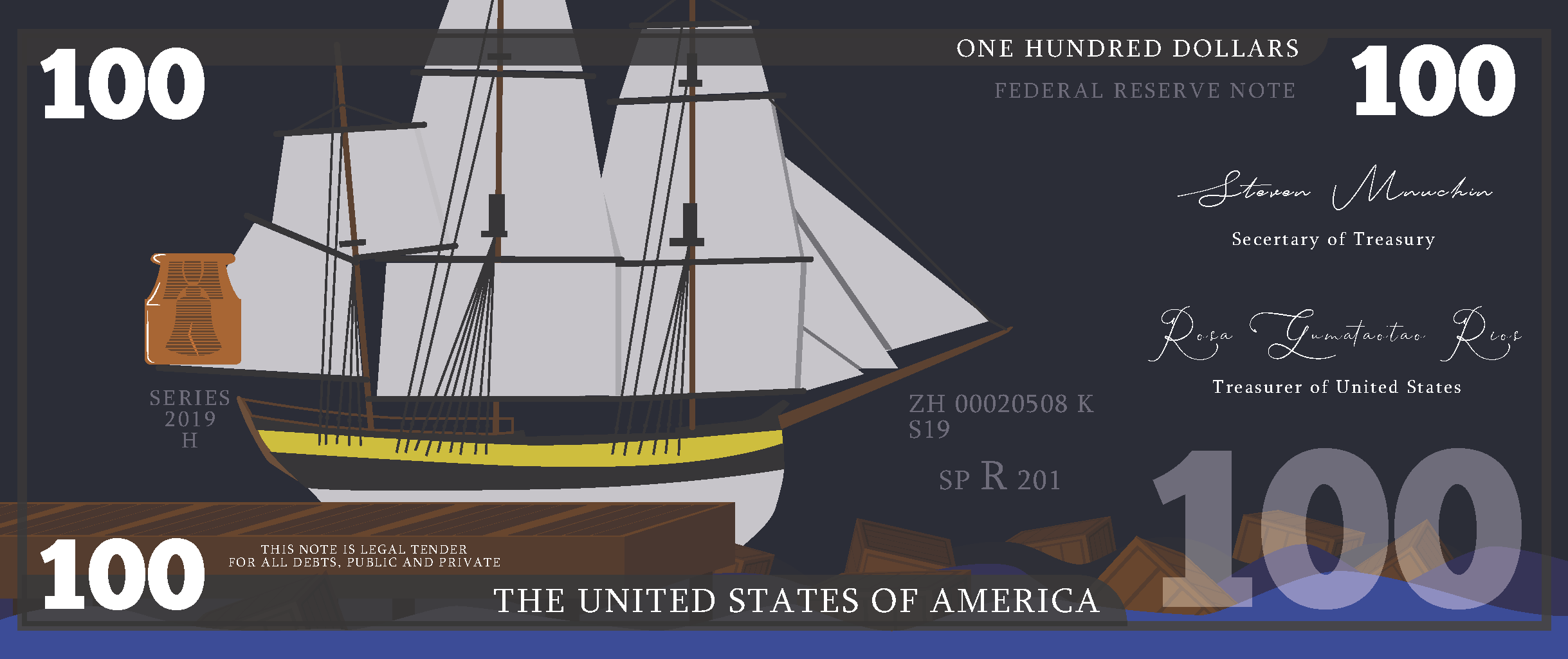 Illustation of a redone hundred dollar bill, with the boston tea party as the background.