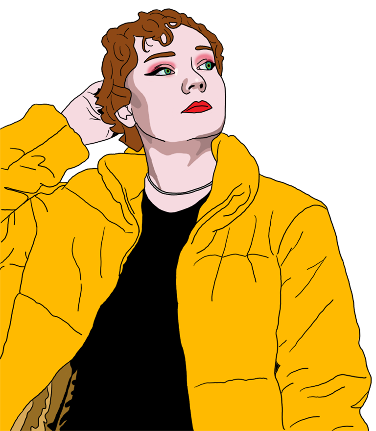 illustration of me in a mustard yellow jacket.