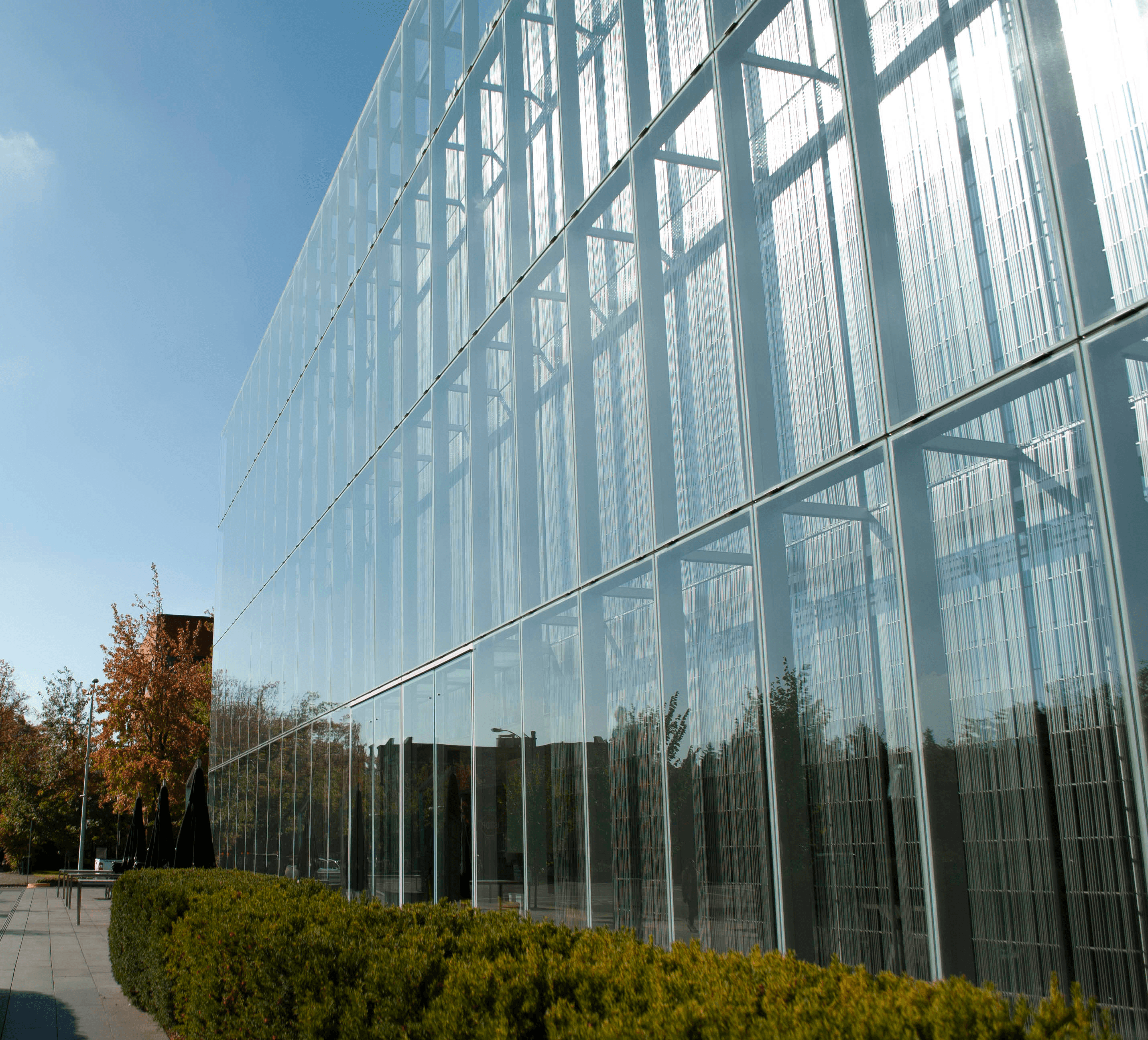 A photograph of a glass building touching the sky.