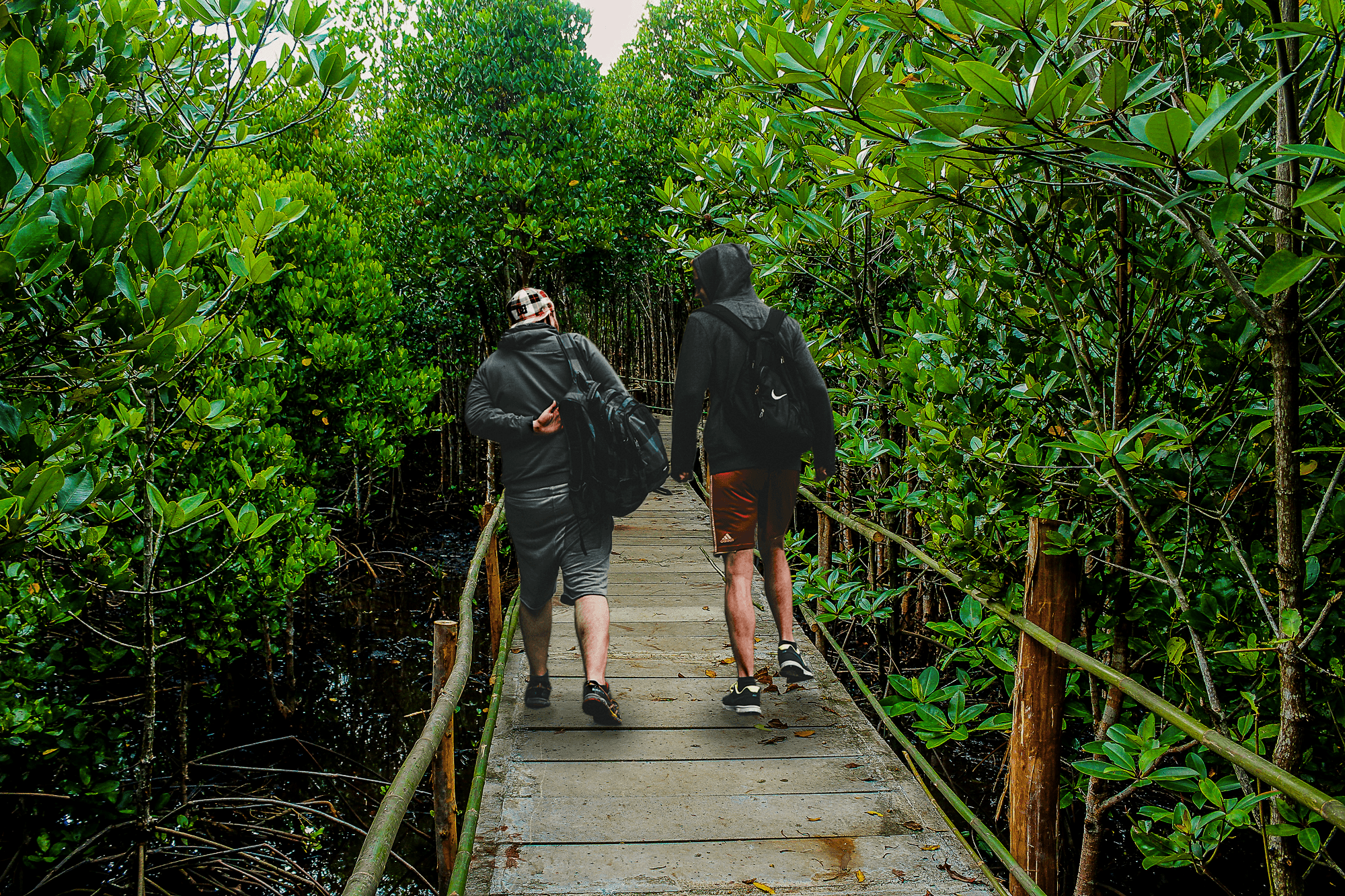 A photo of two men walking down a bridge in the jungle