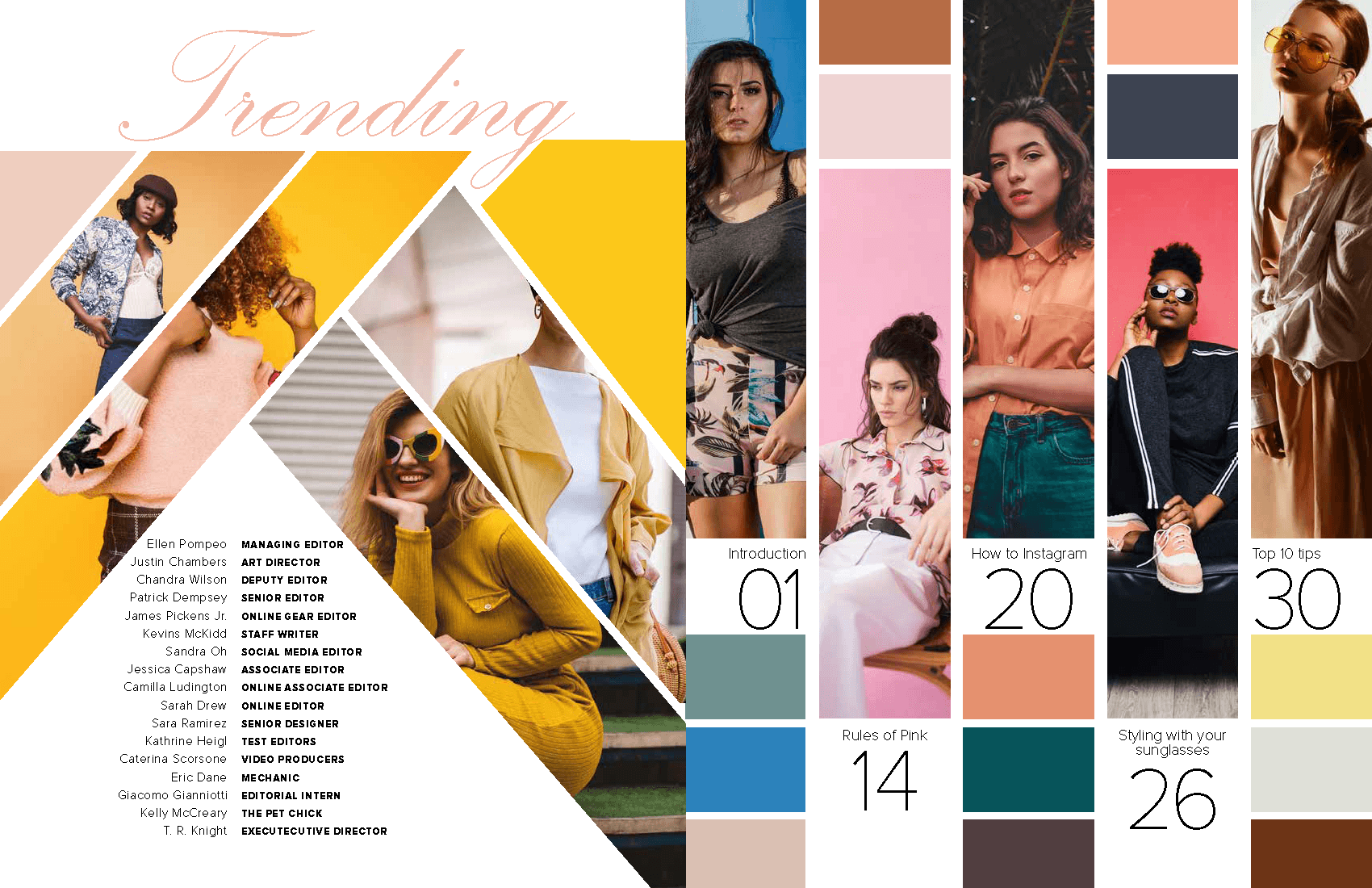 The first spread of Trending, the table of contents and masthead.